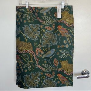 J Crew No. 2 Pencil in Green Ornate Jungle Leopard Bird Print Floral Skirt Sz 10